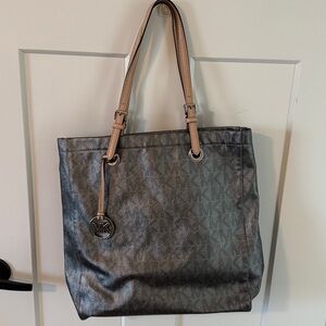 Michael Kors Metallic Gray Tote with Tan Handles